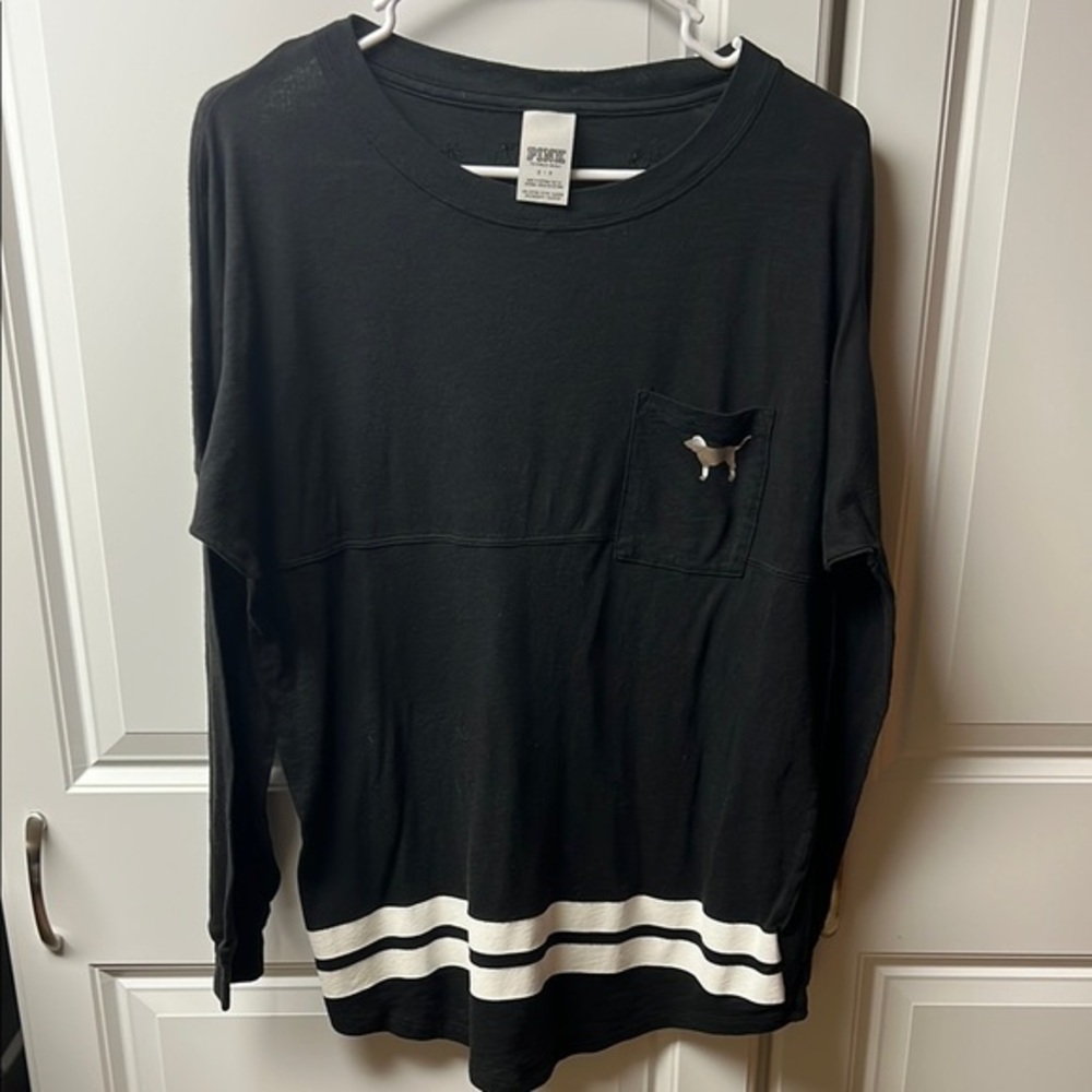 PINK Black Tee, Leopard Sequins, Varsity Style, Small